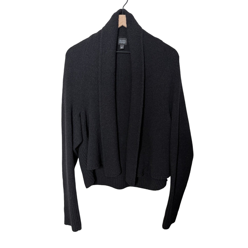 Eileen Fisher Black Open-Front Ribbed Knit Cardigan